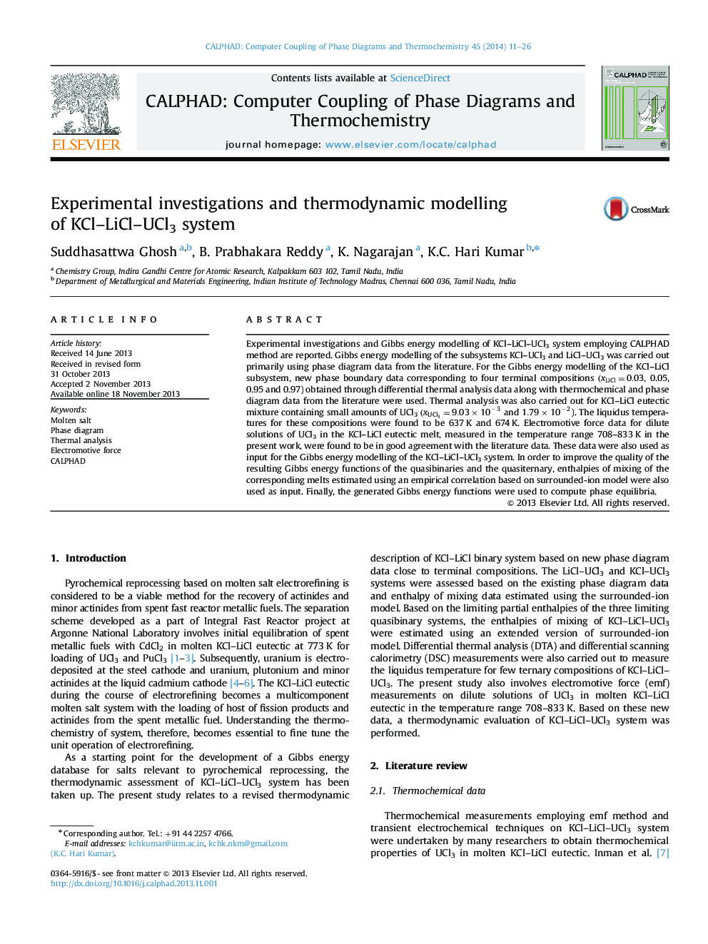 Experimental investigations and thermodynamic modelling of KCl-LiCl-UCl3 system