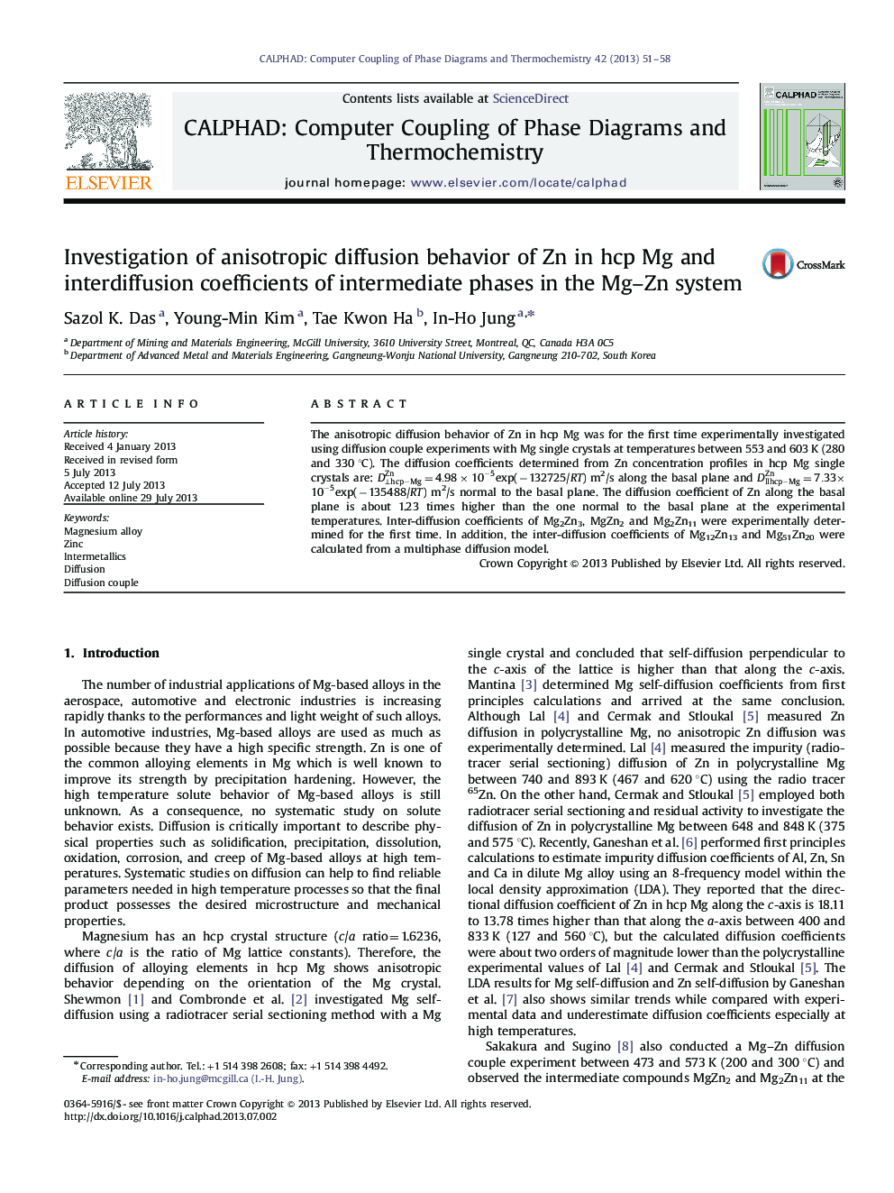 Investigation of anisotropic diffusion behavior of Zn in hcp Mg and interdiffusion coefficients of intermediate phases in the Mg-Zn system