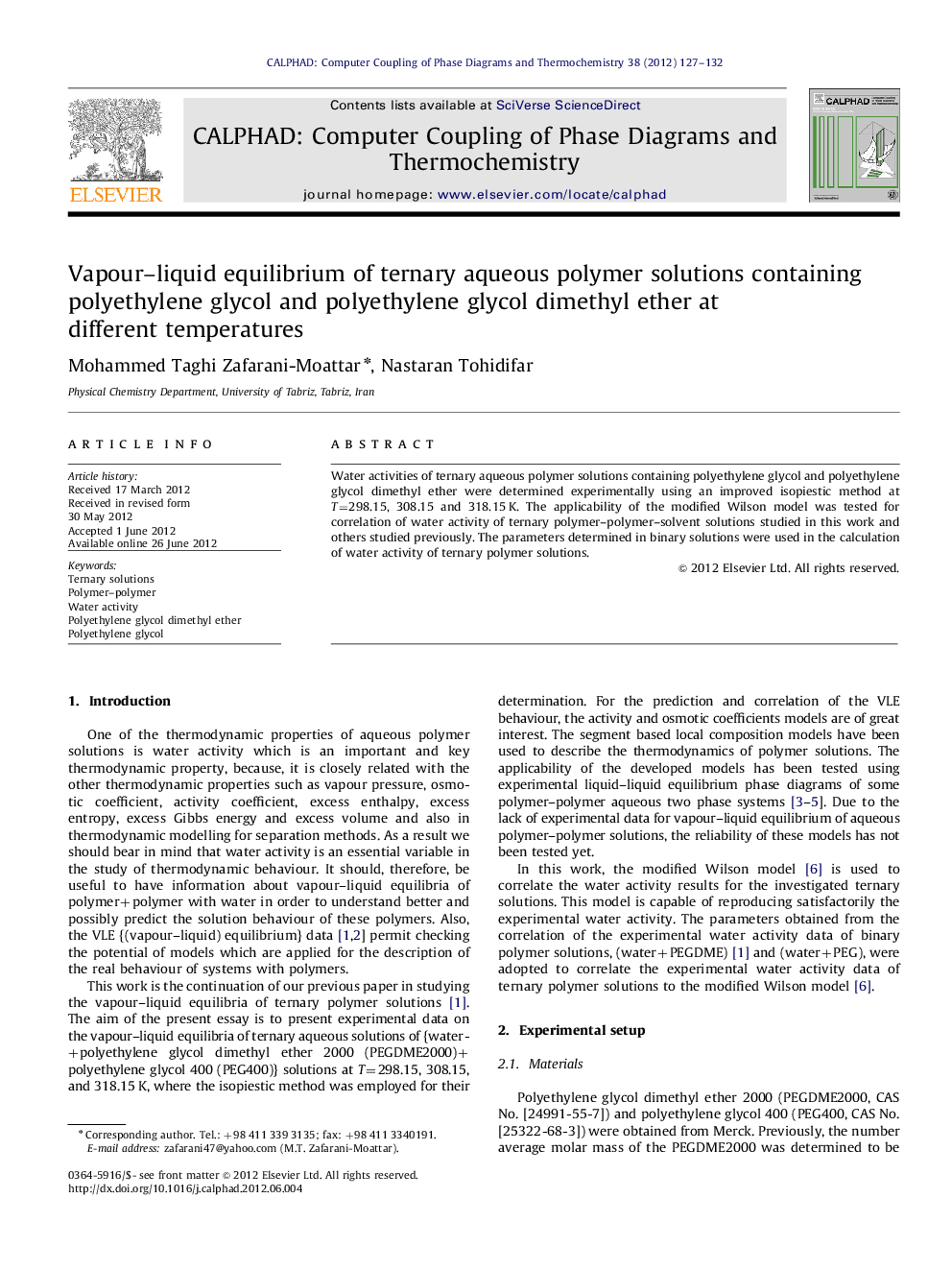 Vapour–liquid equilibrium of ternary aqueous polymer solutions containing polyethylene glycol and polyethylene glycol dimethyl ether at different temperatures