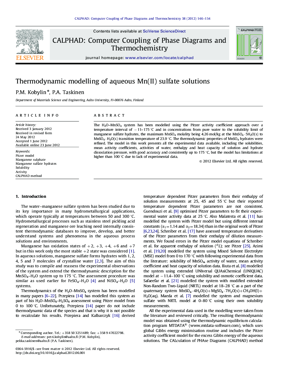 Thermodynamic modelling of aqueous Mn(II) sulfate solutions