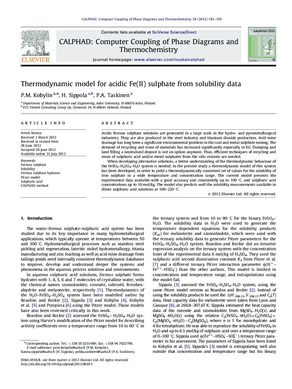 Thermodynamic model for acidic Fe(II) sulphate from solubility data