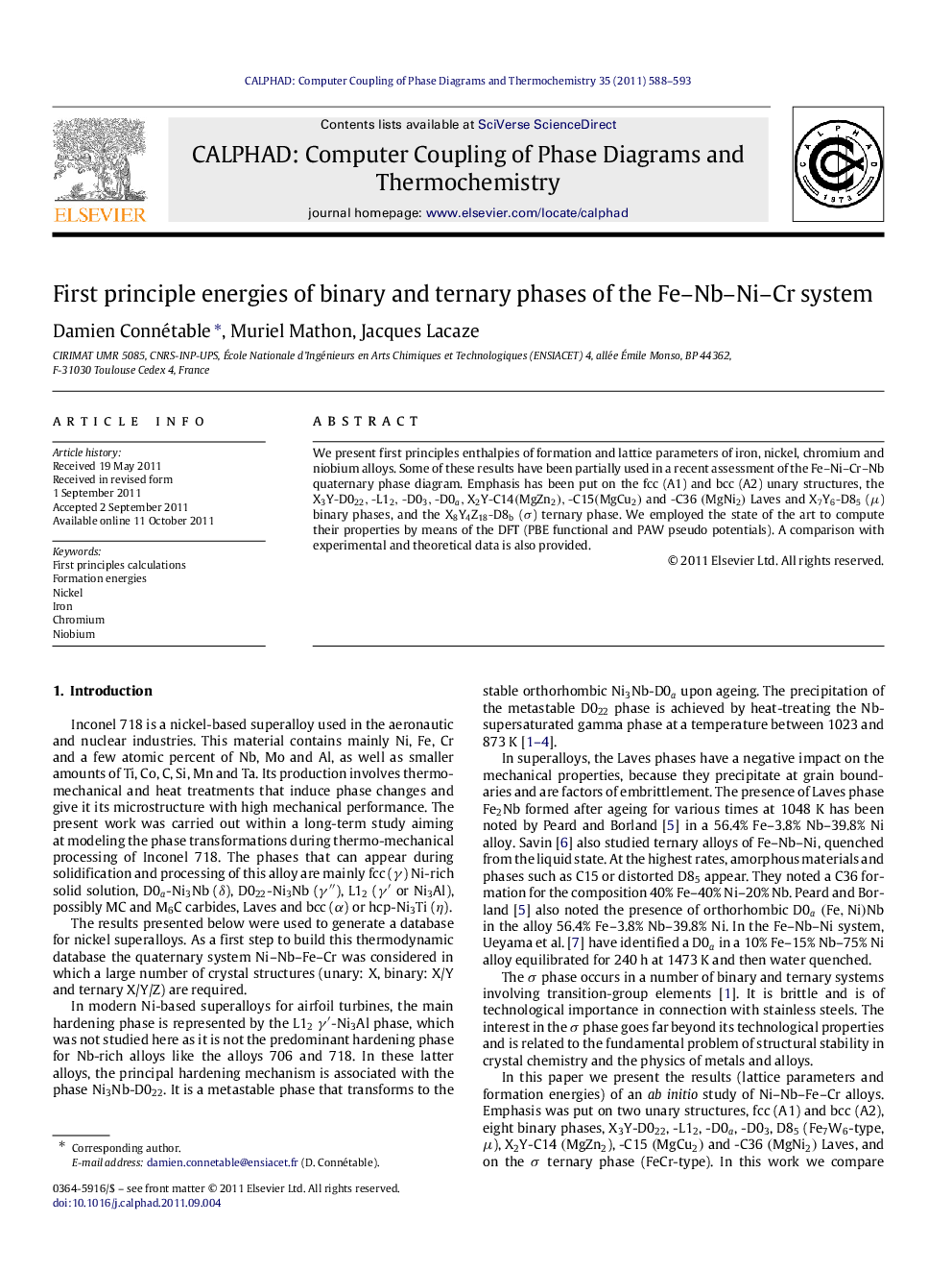 First principle energies of binary and ternary phases of the Fe–Nb–Ni–Cr system