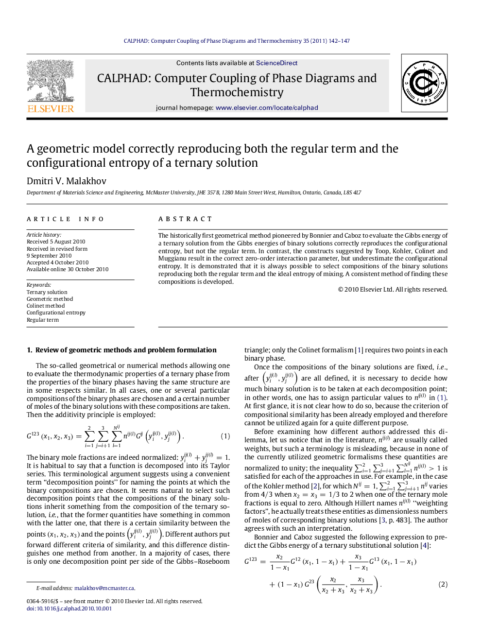 A geometric model correctly reproducing both the regular term and the configurational entropy of a ternary solution