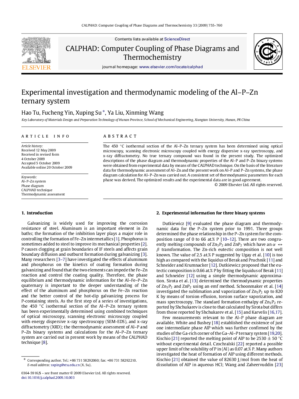 Experimental investigation and thermodynamic modeling of the Al–P–Zn ternary system