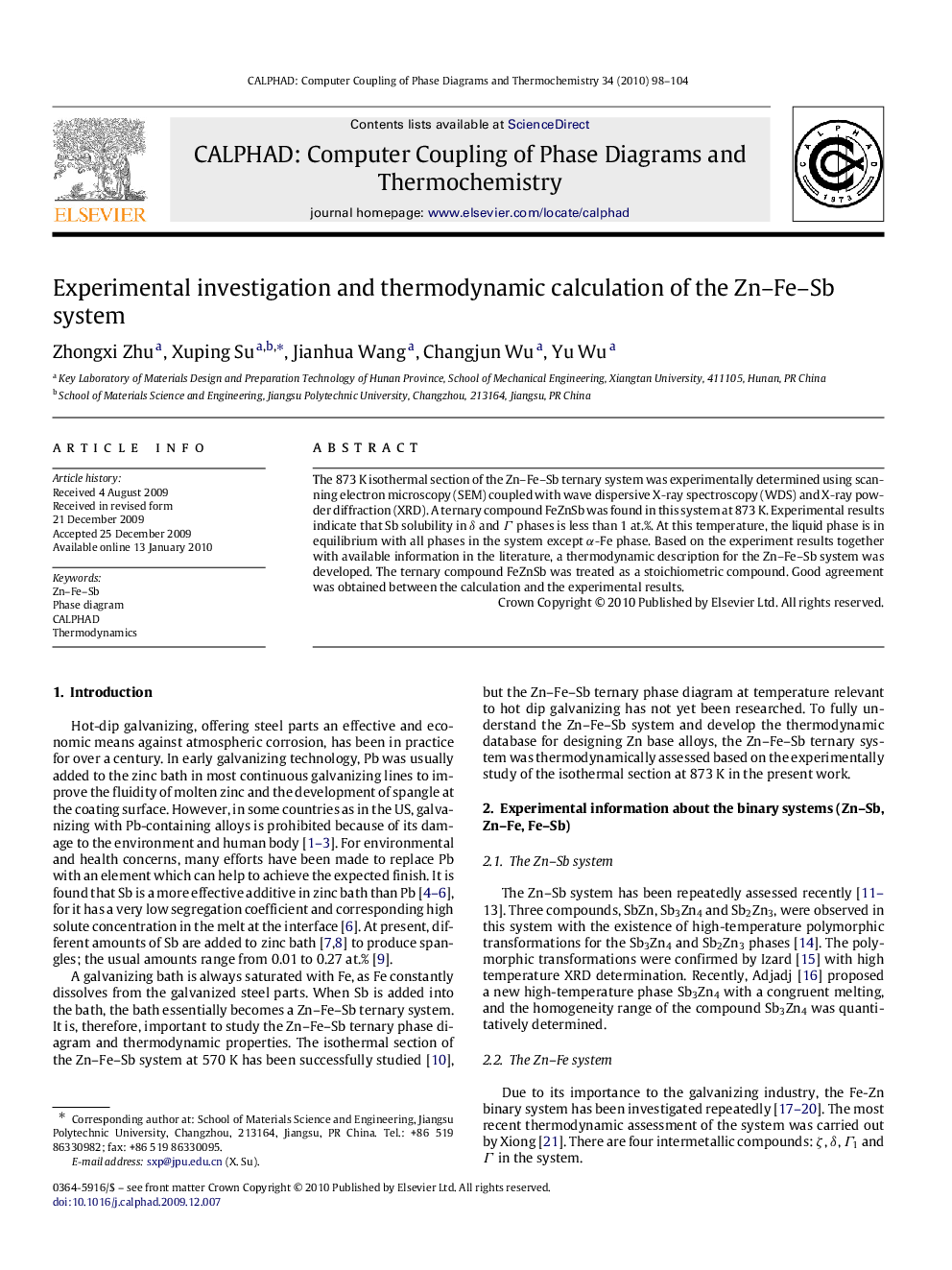 Experimental investigation and thermodynamic calculation of the Zn-Fe-Sb system