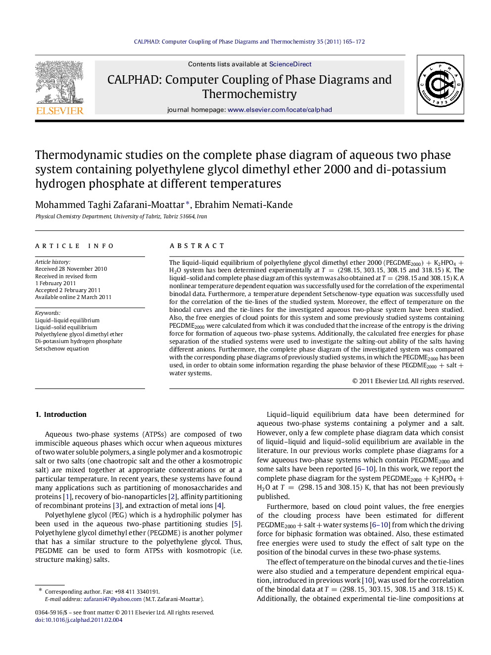 Thermodynamic studies on the complete phase diagram of aqueous two phase system containing polyethylene glycol dimethyl ether 2000 and di-potassium hydrogen phosphate at different temperatures