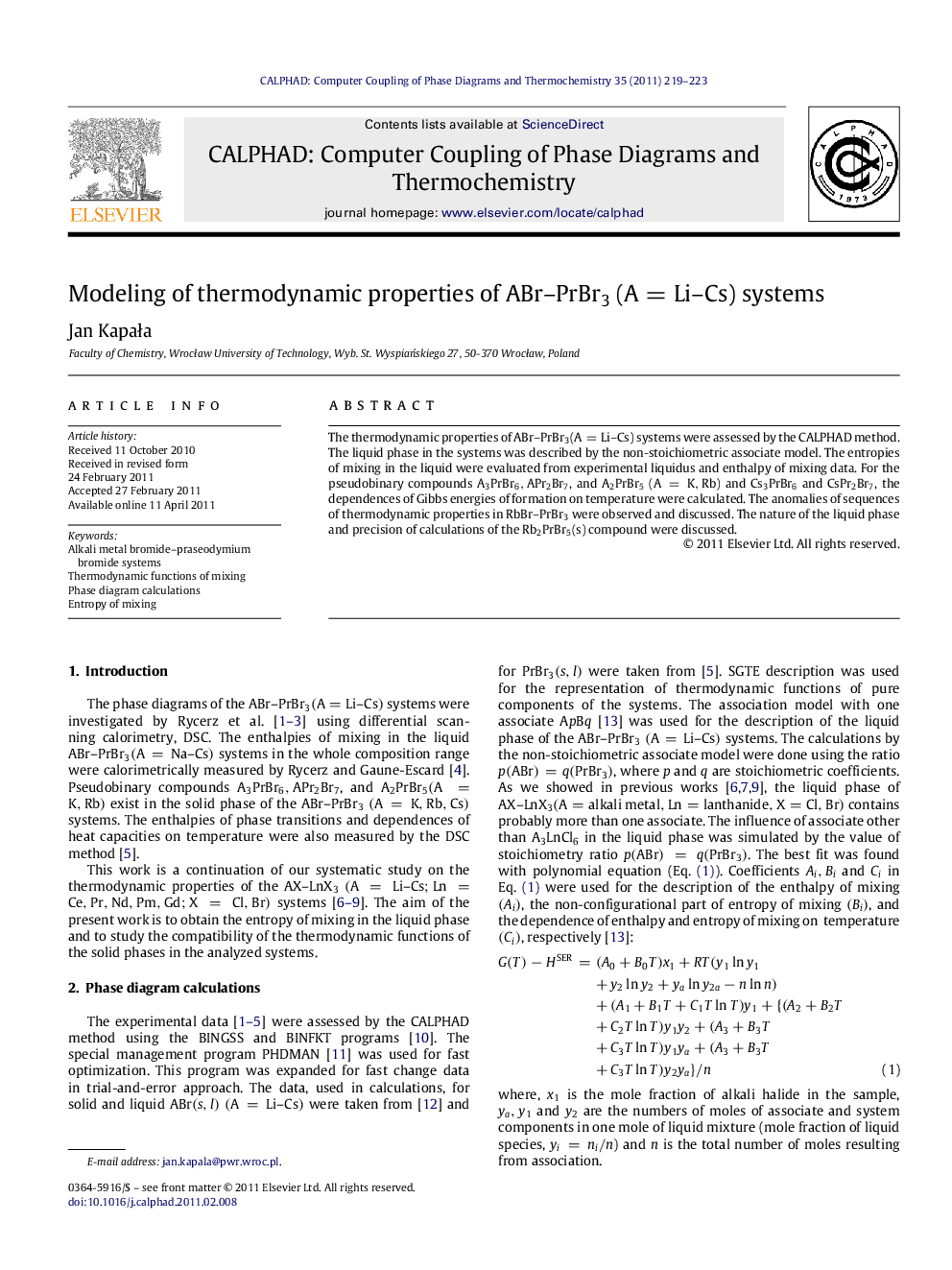 Modeling of thermodynamic properties of ABr–PrBr3 (A=Li–Cs ) systems