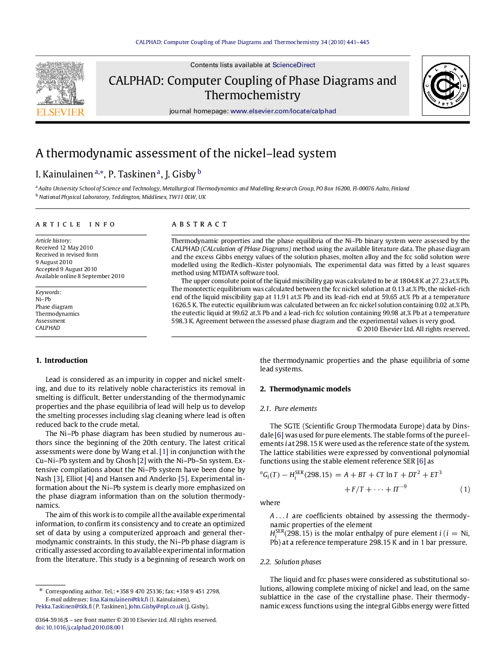 A thermodynamic assessment of the nickel–lead system