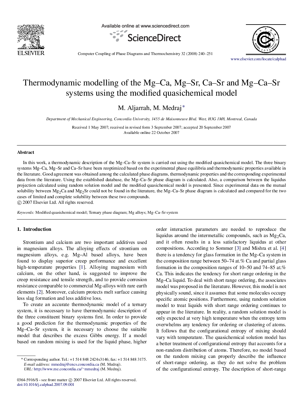 Thermodynamic modelling of the Mg-Ca, Mg-Sr, Ca-Sr and Mg-Ca-Sr systems using the modified quasichemical model