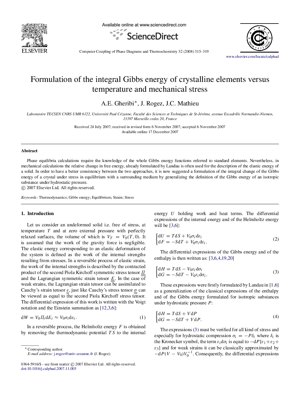 Formulation of the integral Gibbs energy of crystalline elements versus temperature and mechanical stress