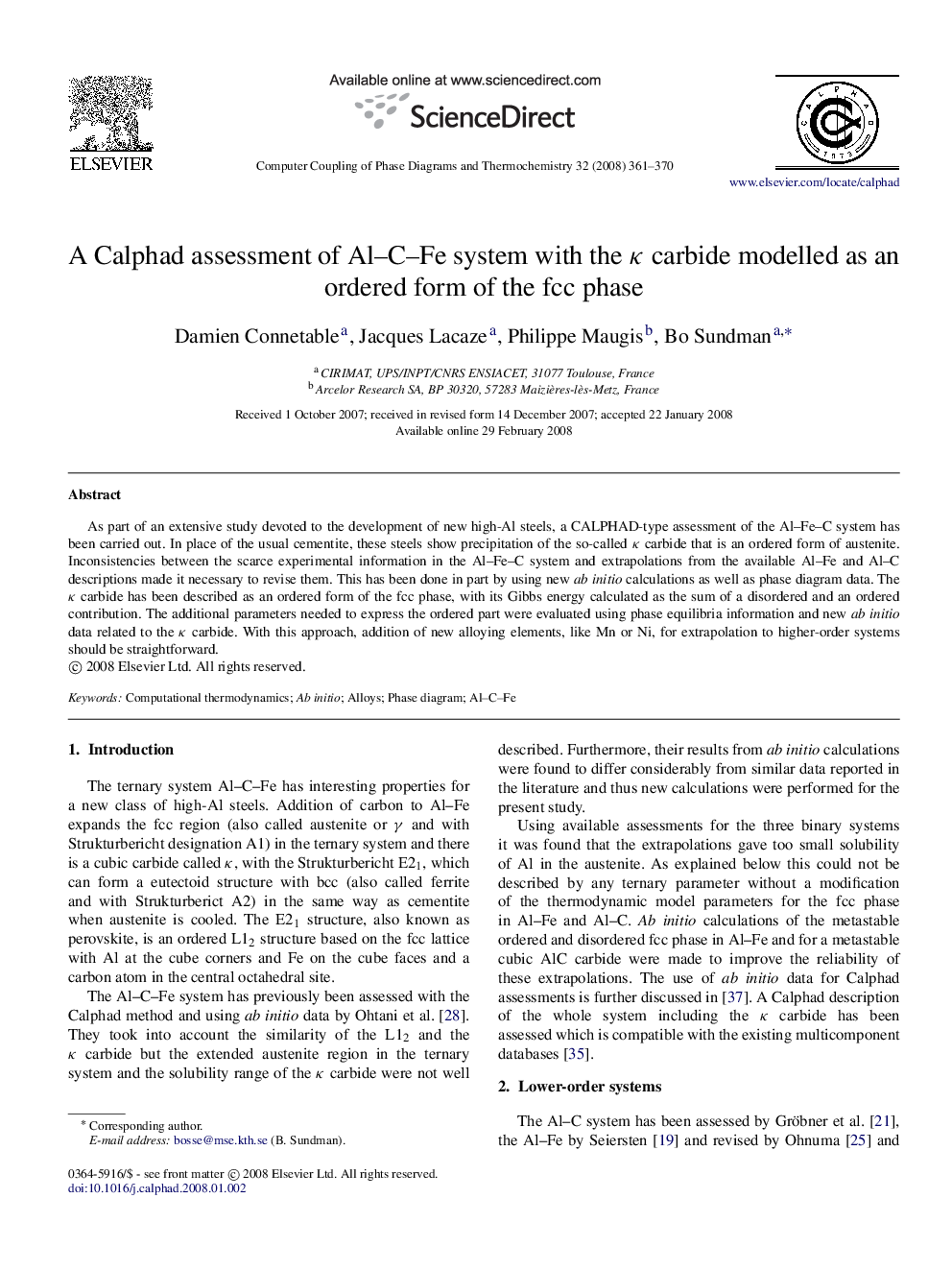 A Calphad assessment of Al–C–Fe system with the κκ carbide modelled as an ordered form of the fcc phase