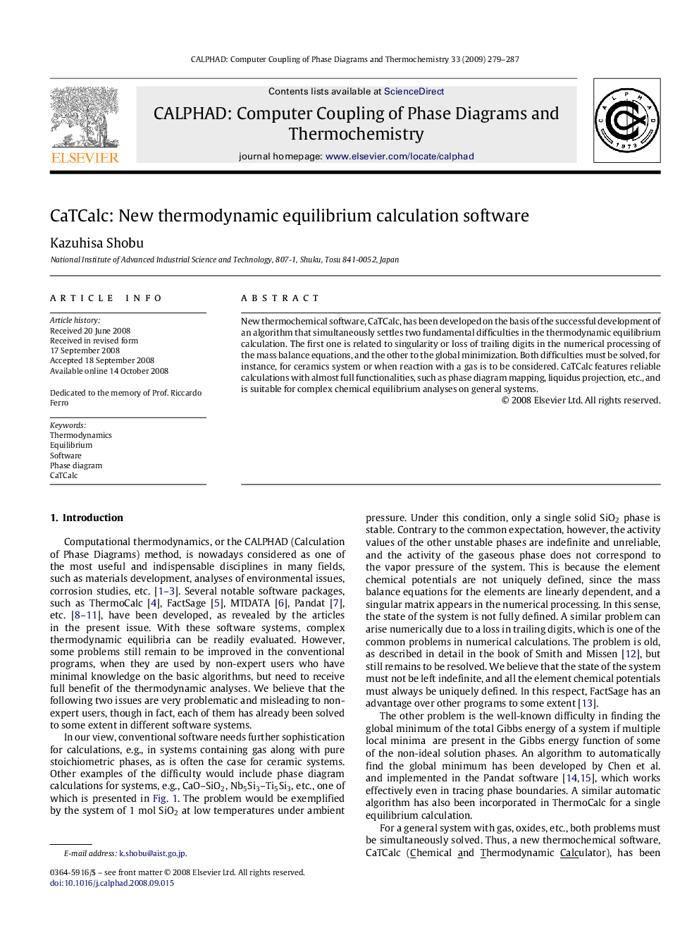 CaTCalc: New thermodynamic equilibrium calculation software