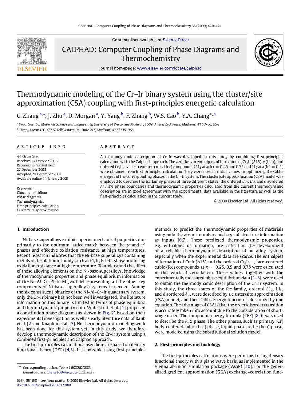 Thermodynamic modeling of the Cr–Ir binary system using the cluster/site approximation (CSA) coupling with first-principles energetic calculation