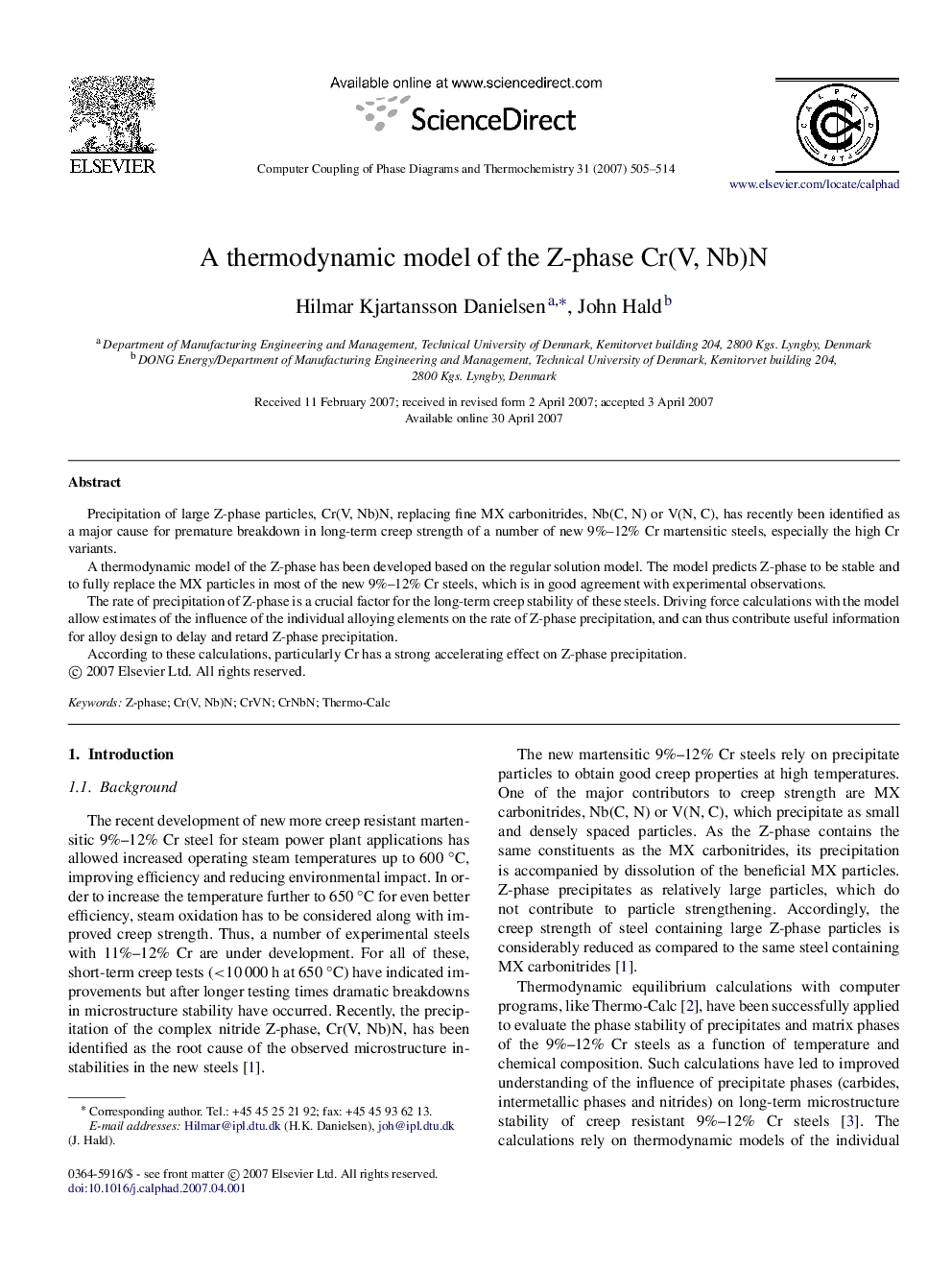 A thermodynamic model of the Z-phase Cr(V, Nb)N