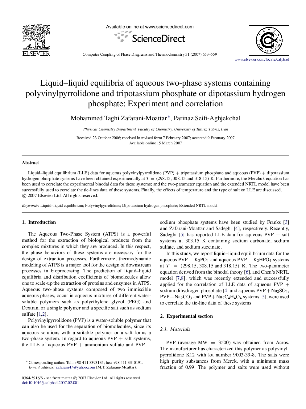 Liquid-liquid equilibria of aqueous two-phase systems containing polyvinylpyrrolidone and tripotassium phosphate or dipotassium hydrogen phosphate: Experiment and correlation