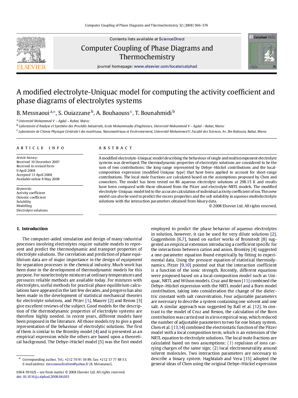 A modified electrolyte-Uniquac model for computing the activity coefficient and phase diagrams of electrolytes systems