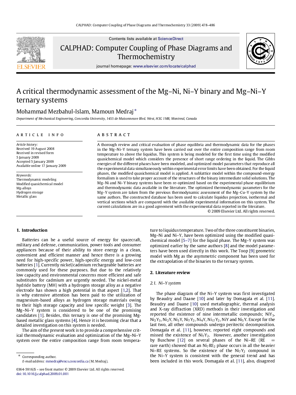 A critical thermodynamic assessment of the Mg–Ni, Ni–Y binary and Mg–Ni–Y ternary systems