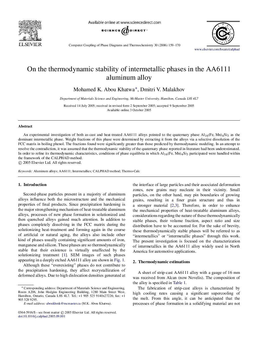 On the thermodynamic stability of intermetallic phases in the AA6111 aluminum alloy