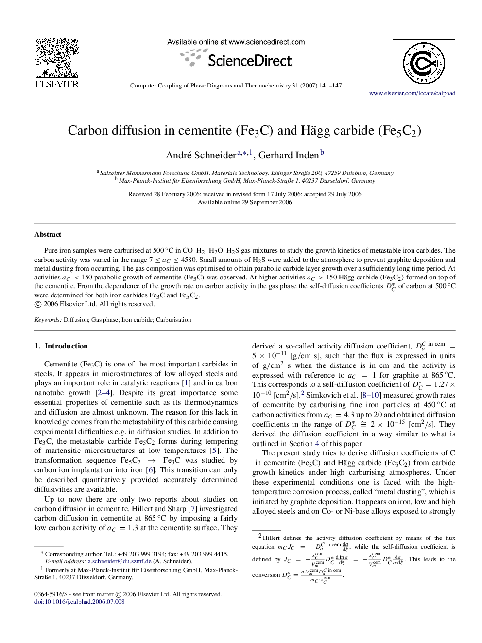 Carbon diffusion in cementite (Fe3C) and Hägg carbide (Fe5C2)