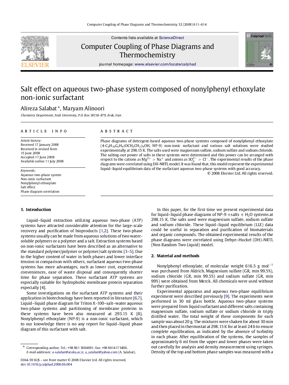 Salt effect on aqueous two-phase system composed of nonylphenyl ethoxylate non-ionic surfactant