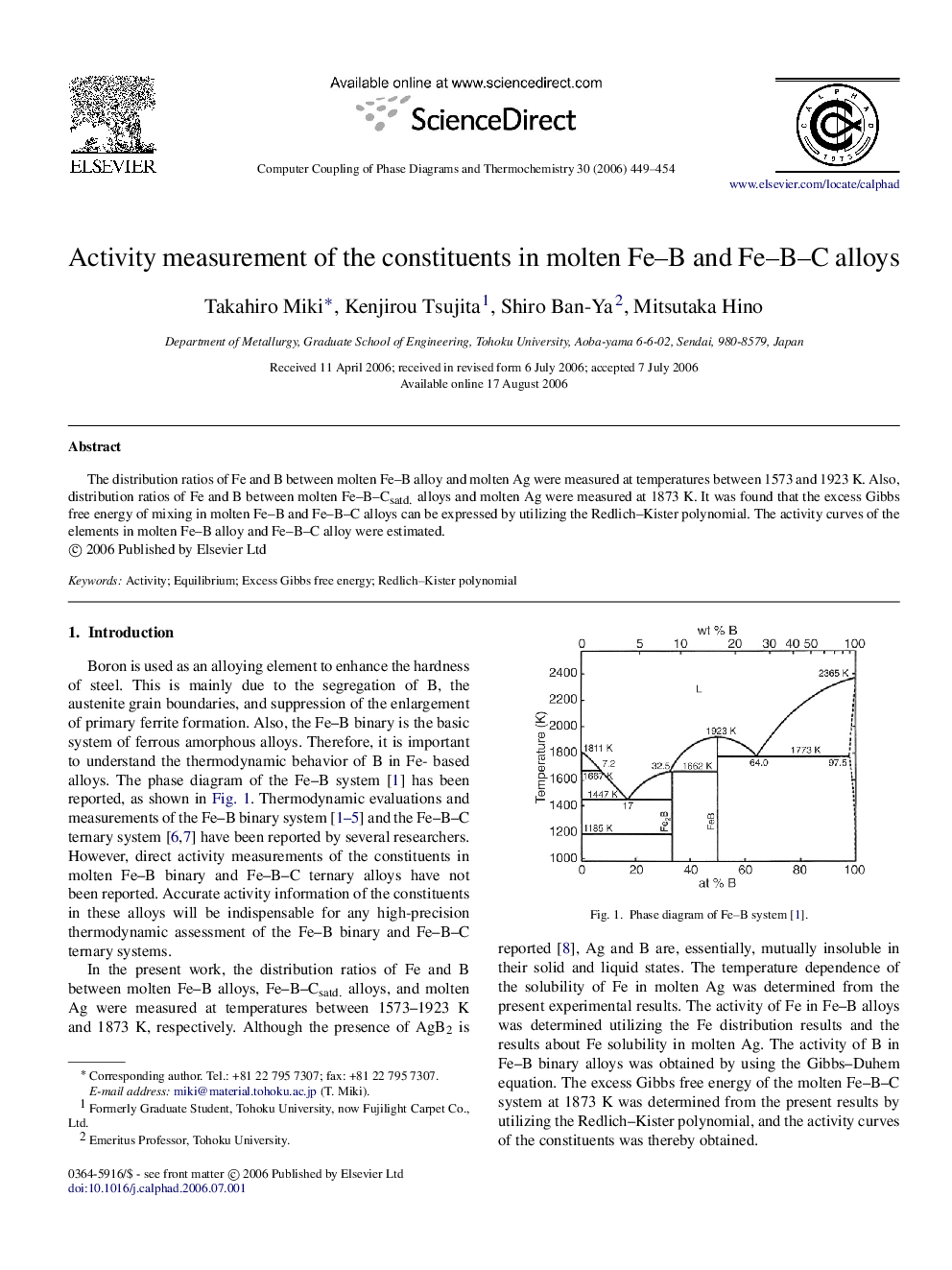 Activity measurement of the constituents in molten Fe–B and Fe–B–C alloys