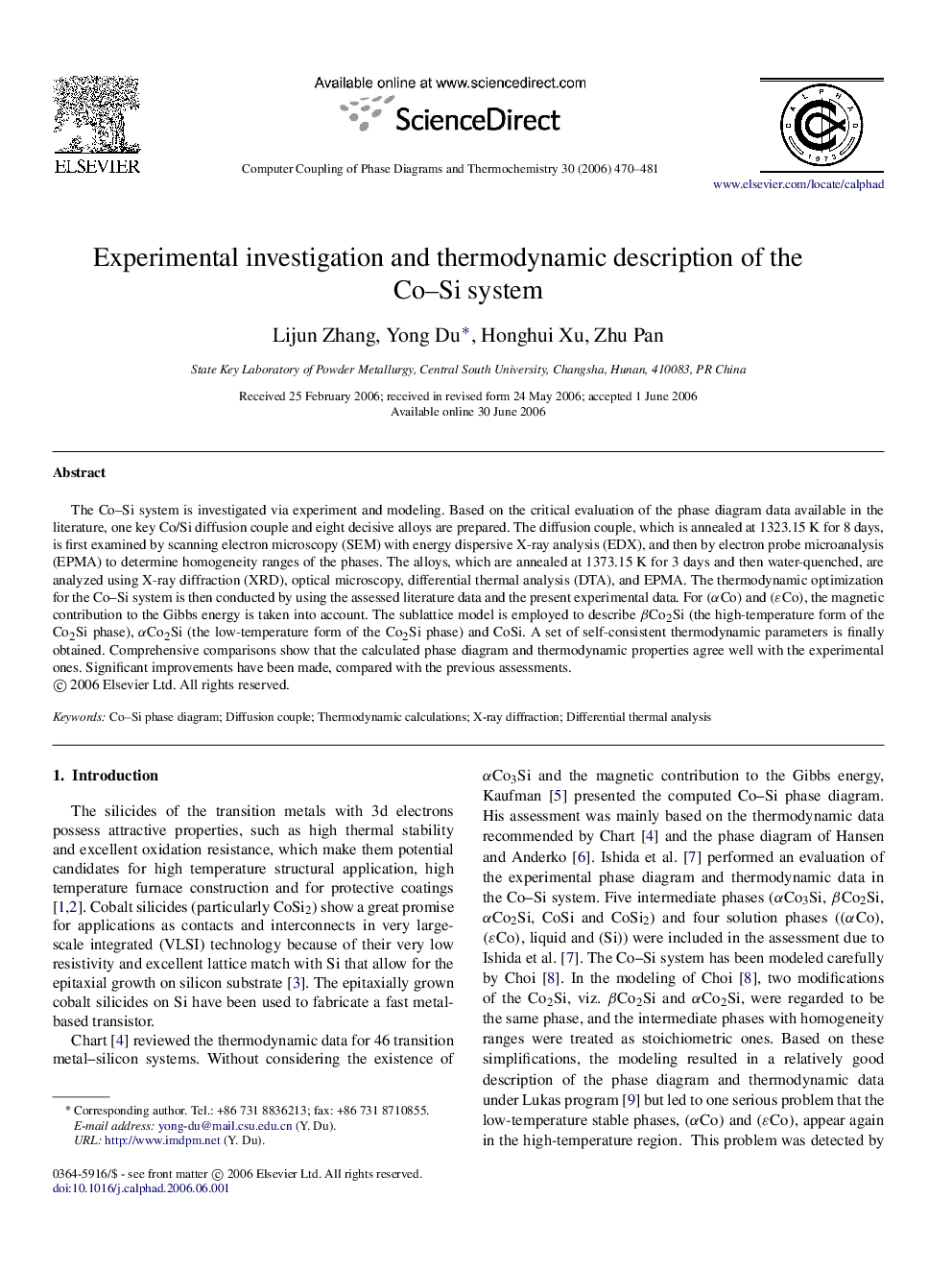 Experimental investigation and thermodynamic description of the Co–Si system