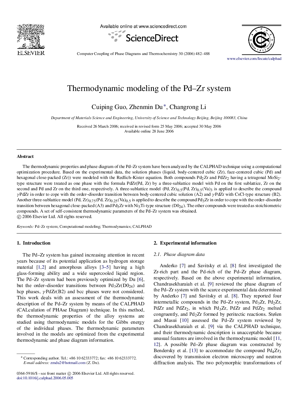 Thermodynamic modeling of the Pd–Zr system