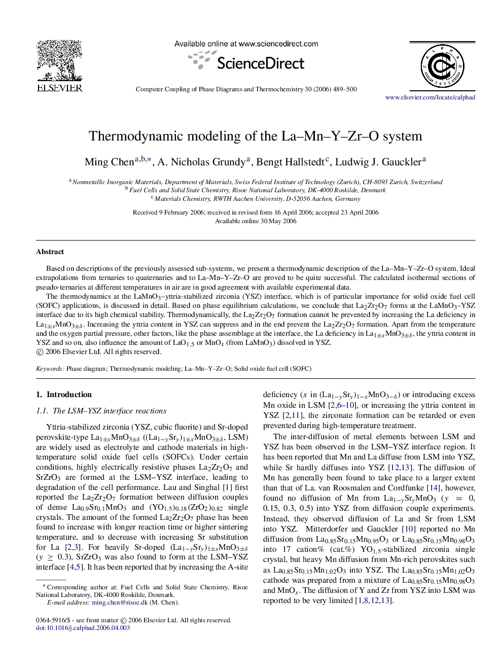 Thermodynamic modeling of the La-Mn-Y-Zr-O system