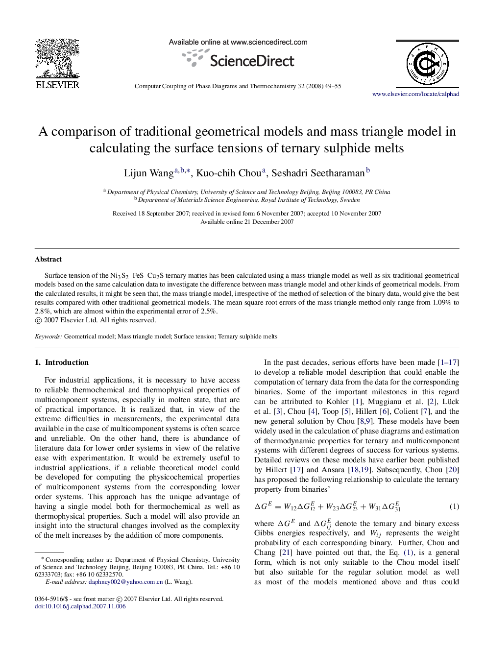 A comparison of traditional geometrical models and mass triangle model in calculating the surface tensions of ternary sulphide melts