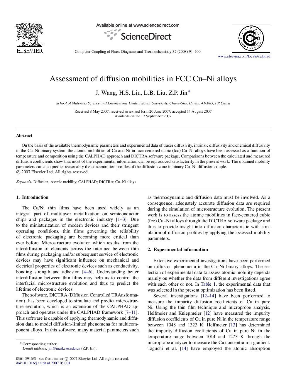 Assessment of diffusion mobilities in FCC Cu–Ni alloys