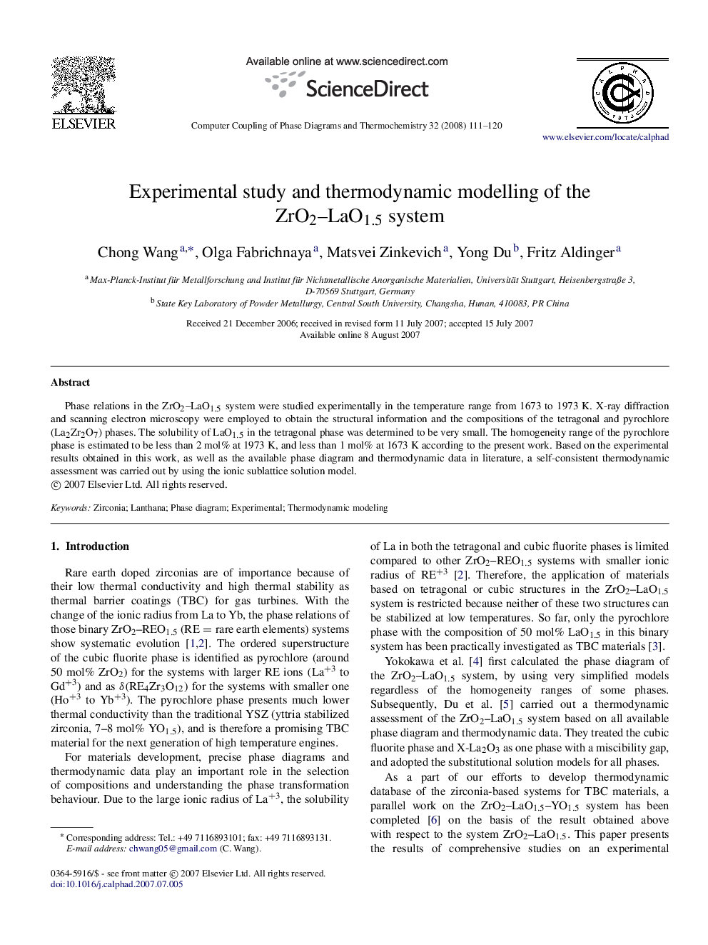 Experimental study and thermodynamic modelling of the ZrO2–LaO1.5 system