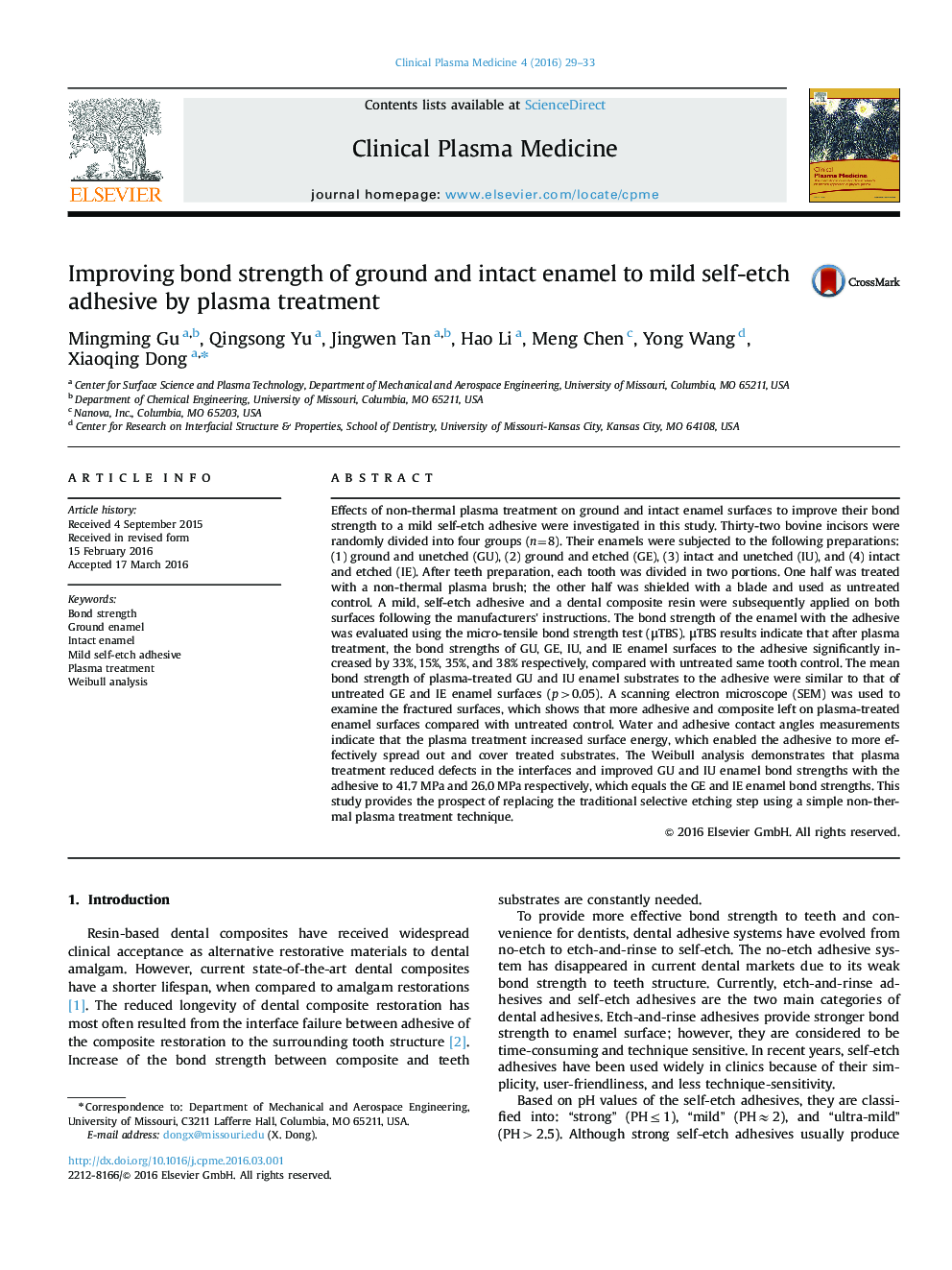 Improving bond strength of ground and intact enamel to mild self-etch adhesive by plasma treatment