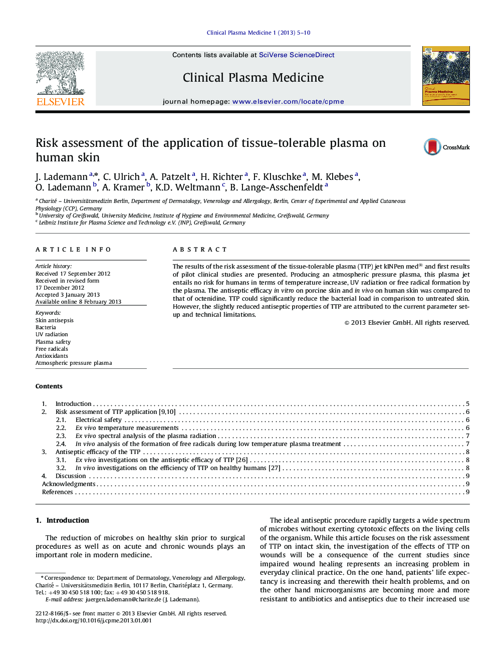 Risk assessment of the application of tissue-tolerable plasma on human skin