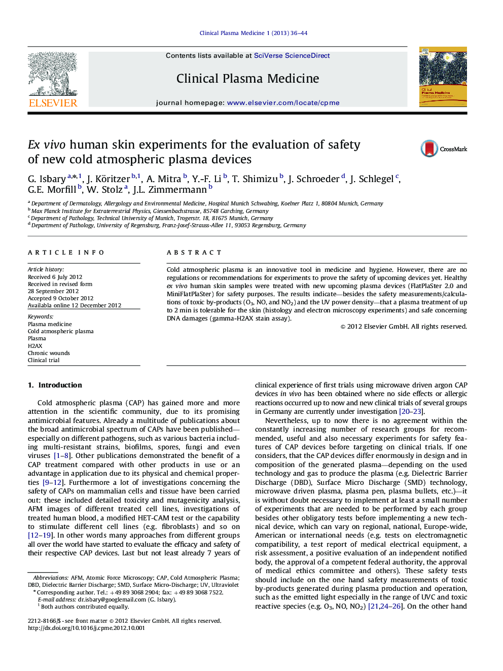 Ex vivo human skin experiments for the evaluation of safety of new cold atmospheric plasma devices