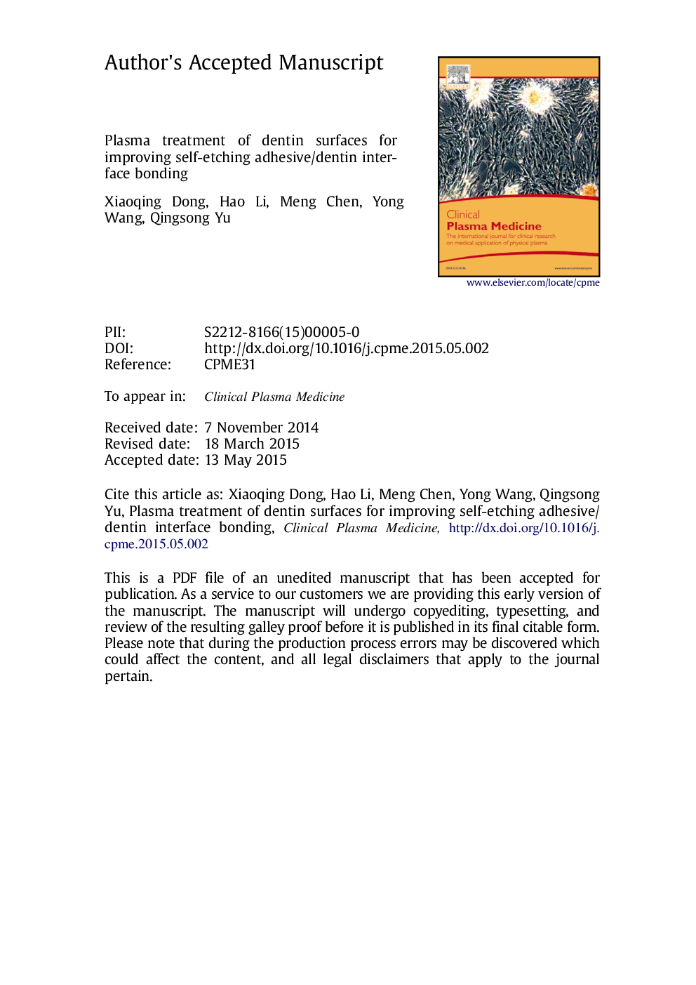 Plasma treatment of dentin surfaces for improving self-etching adhesive/dentin interface bonding