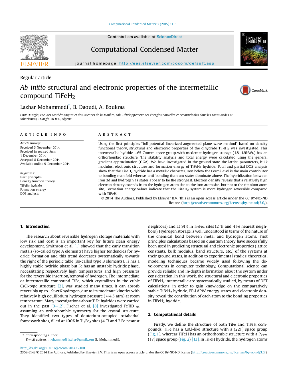 Ab-initio structural and electronic properties of the intermetallic compound TiFeH2