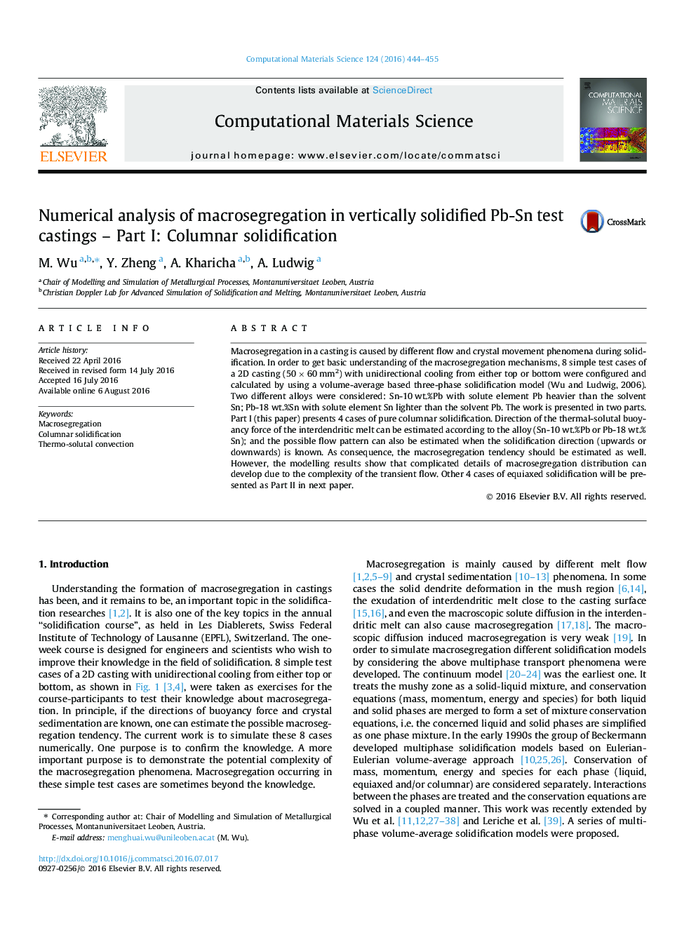 Numerical analysis of macrosegregation in vertically solidified Pb-Sn test castings - Part I: Columnar solidification