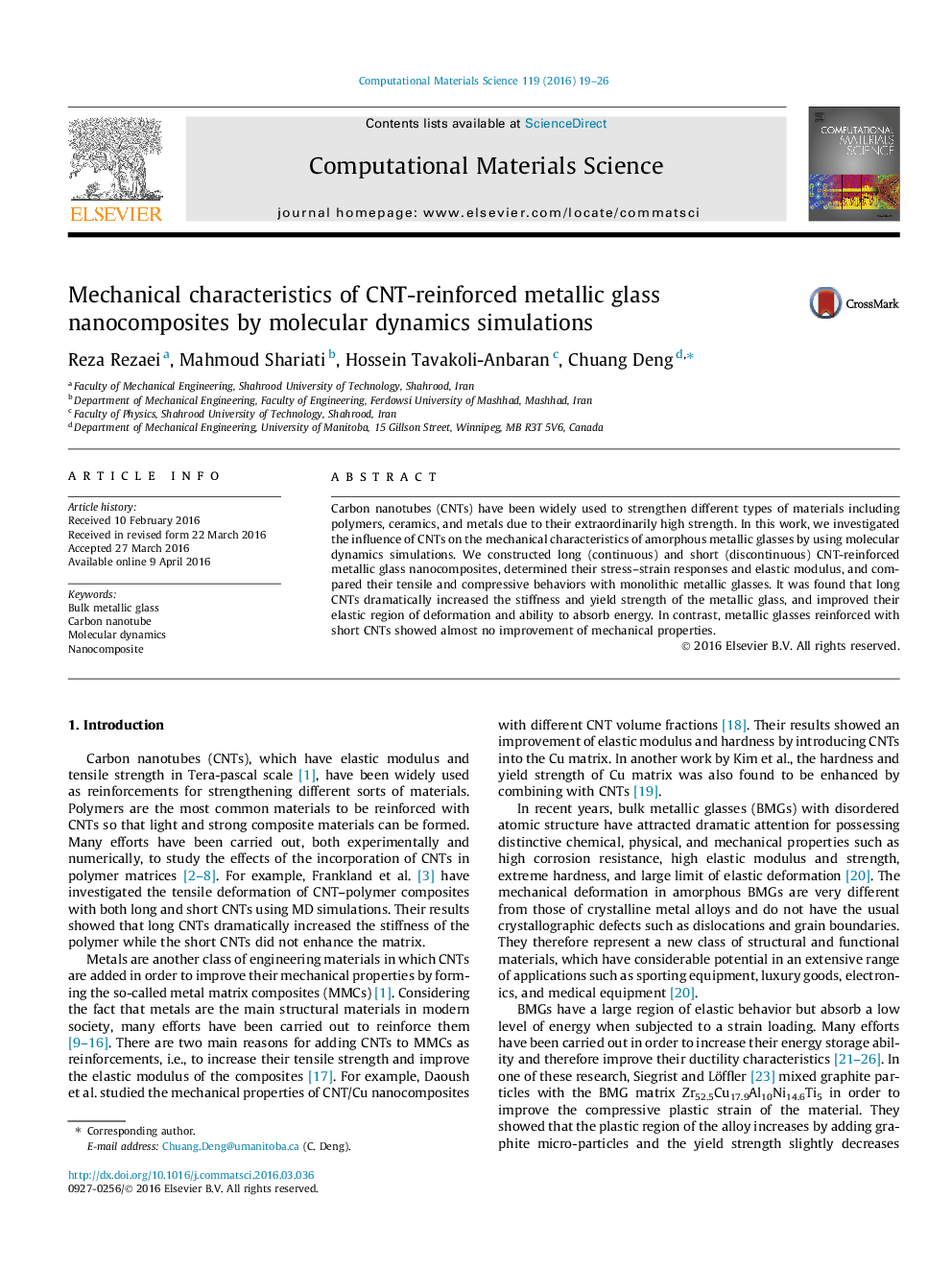 Mechanical characteristics of CNT-reinforced metallic glass nanocomposites by molecular dynamics simulations