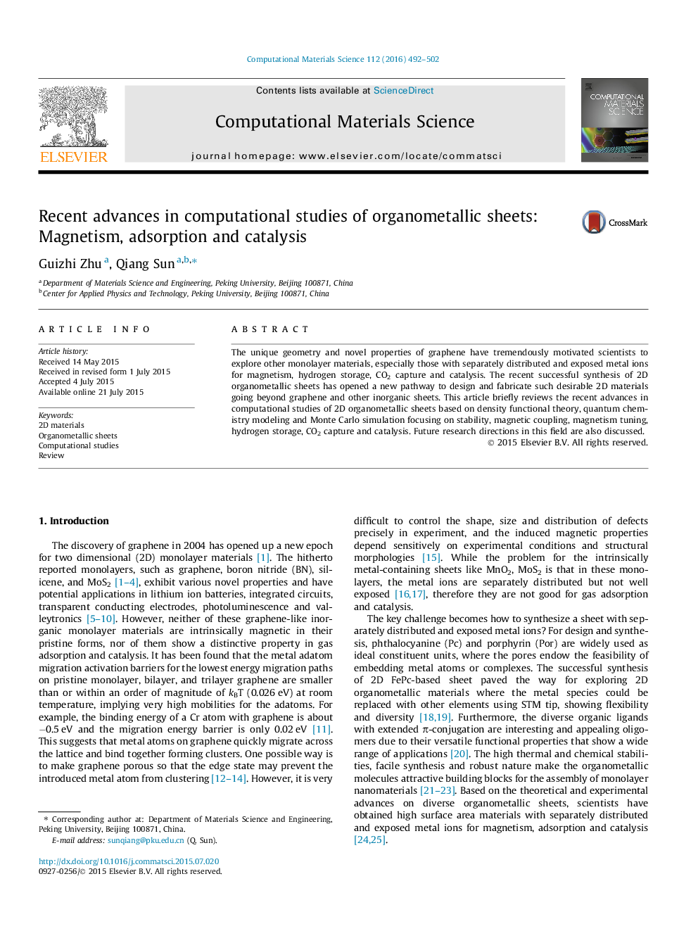 Recent advances in computational studies of organometallic sheets: Magnetism, adsorption and catalysis