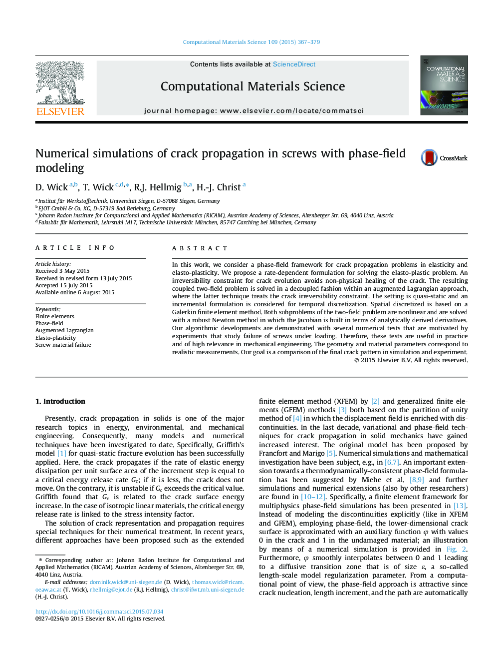 Numerical simulations of crack propagation in screws with phase-field modeling