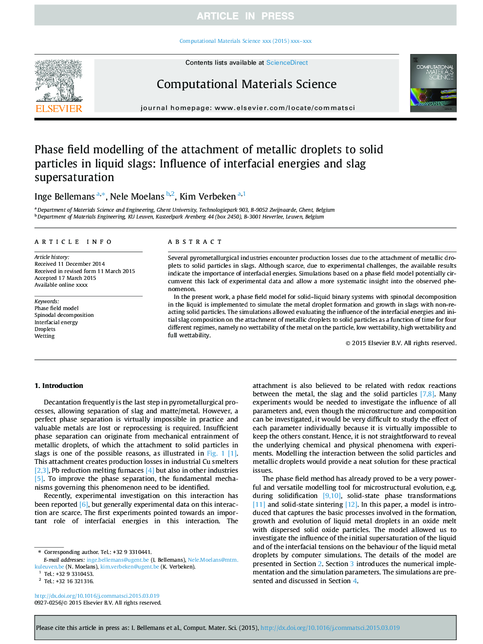 Phase field modelling of the attachment of metallic droplets to solid particles in liquid slags: Influence of interfacial energies and slag supersaturation