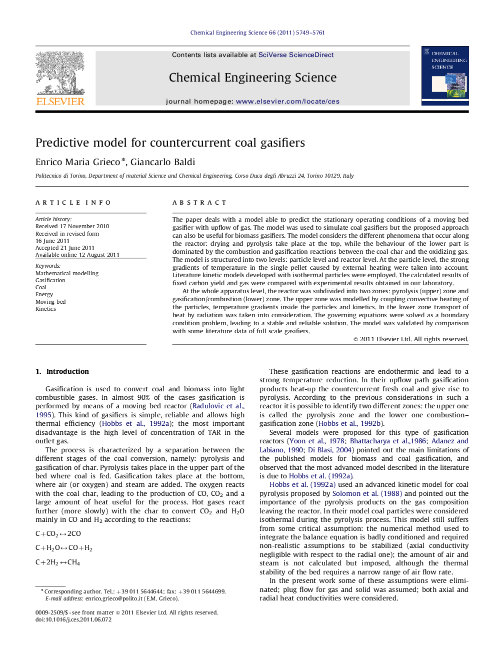 Predictive model for countercurrent coal gasifiers