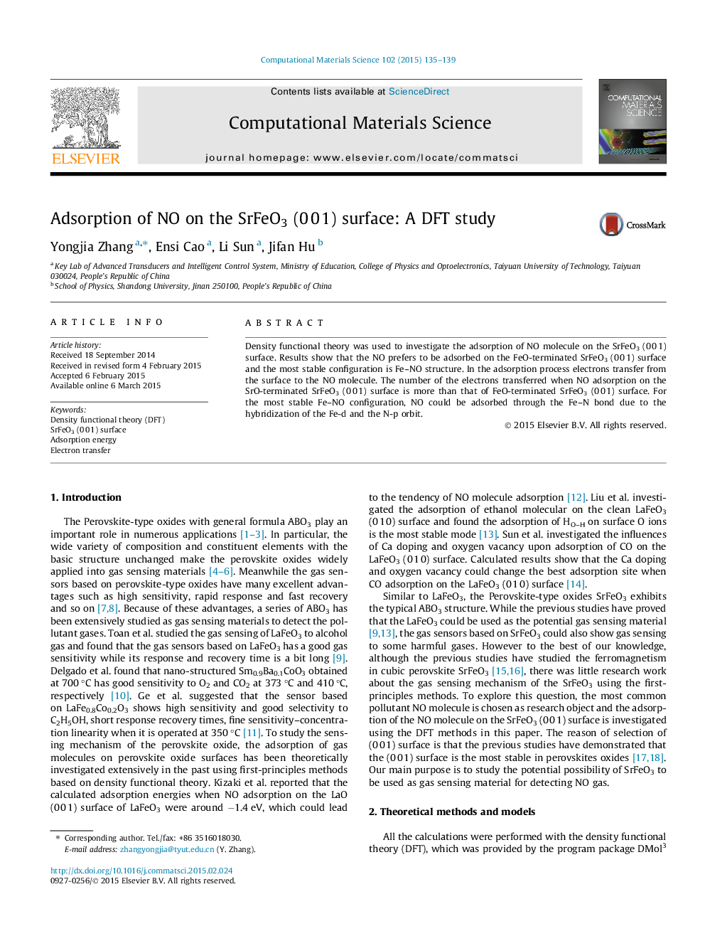 Adsorption of NO on the SrFeO3 (0 0 1) surface: A DFT study