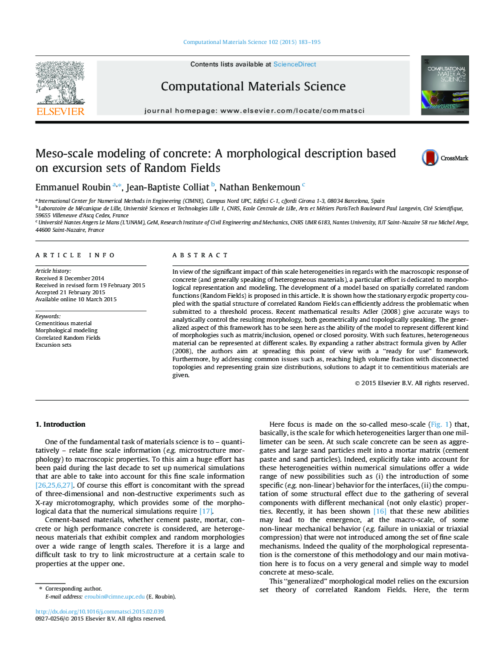 Meso-scale modeling of concrete: A morphological description based on excursion sets of Random Fields