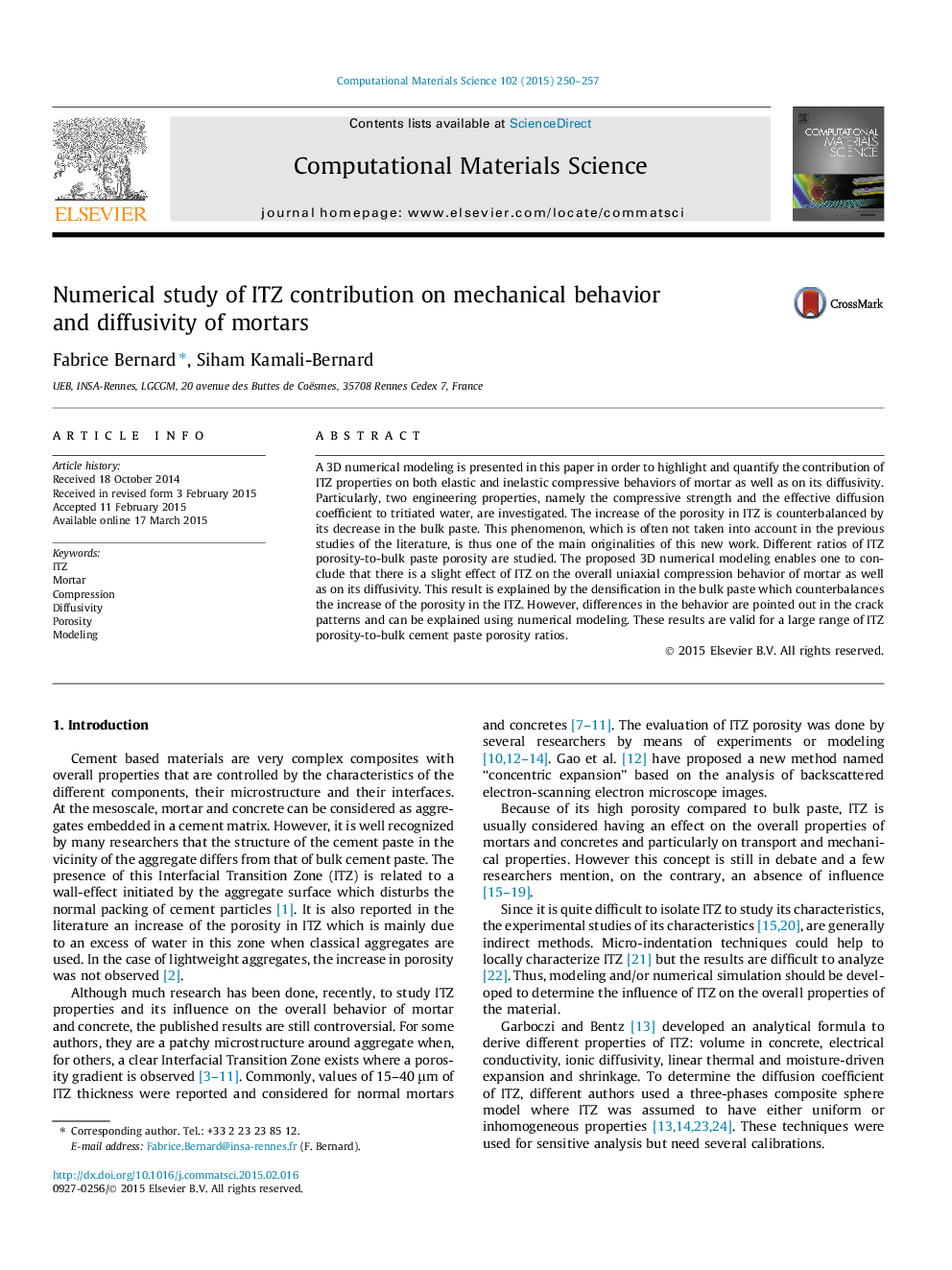 Numerical study of ITZ contribution on mechanical behavior and diffusivity of mortars