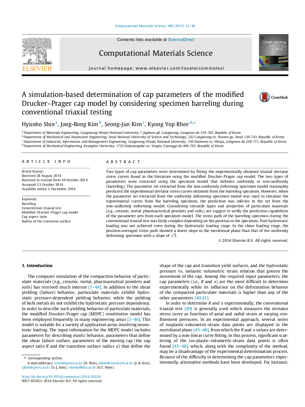A simulation-based determination of cap parameters of the modified Drucker–Prager cap model by considering specimen barreling during conventional triaxial testing