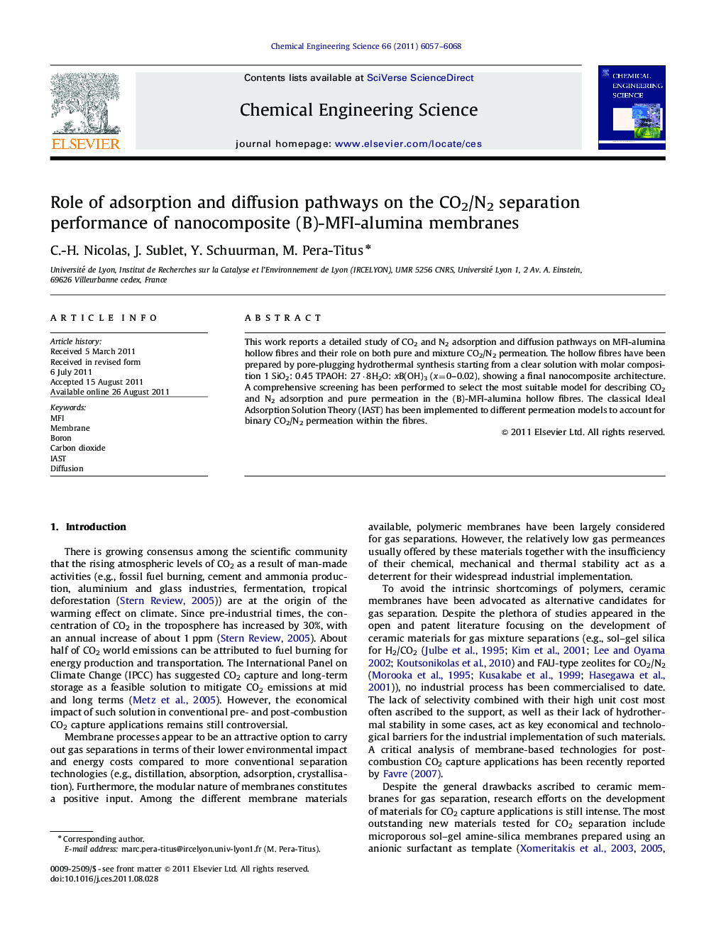 Role of adsorption and diffusion pathways on the CO2/N2 separation performance of nanocomposite (B)-MFI-alumina membranes