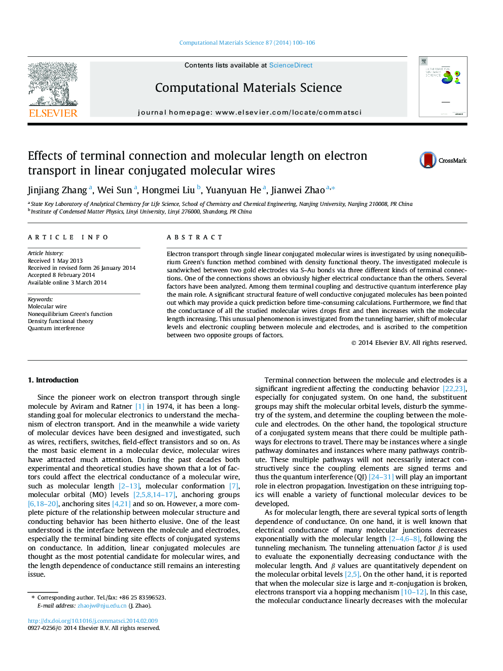 Effects of terminal connection and molecular length on electron transport in linear conjugated molecular wires