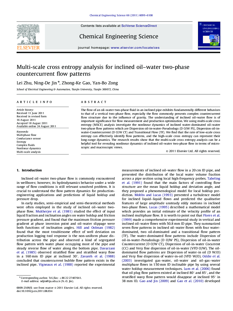 Multi-scale cross entropy analysis for inclined oil–water two-phase countercurrent flow patterns