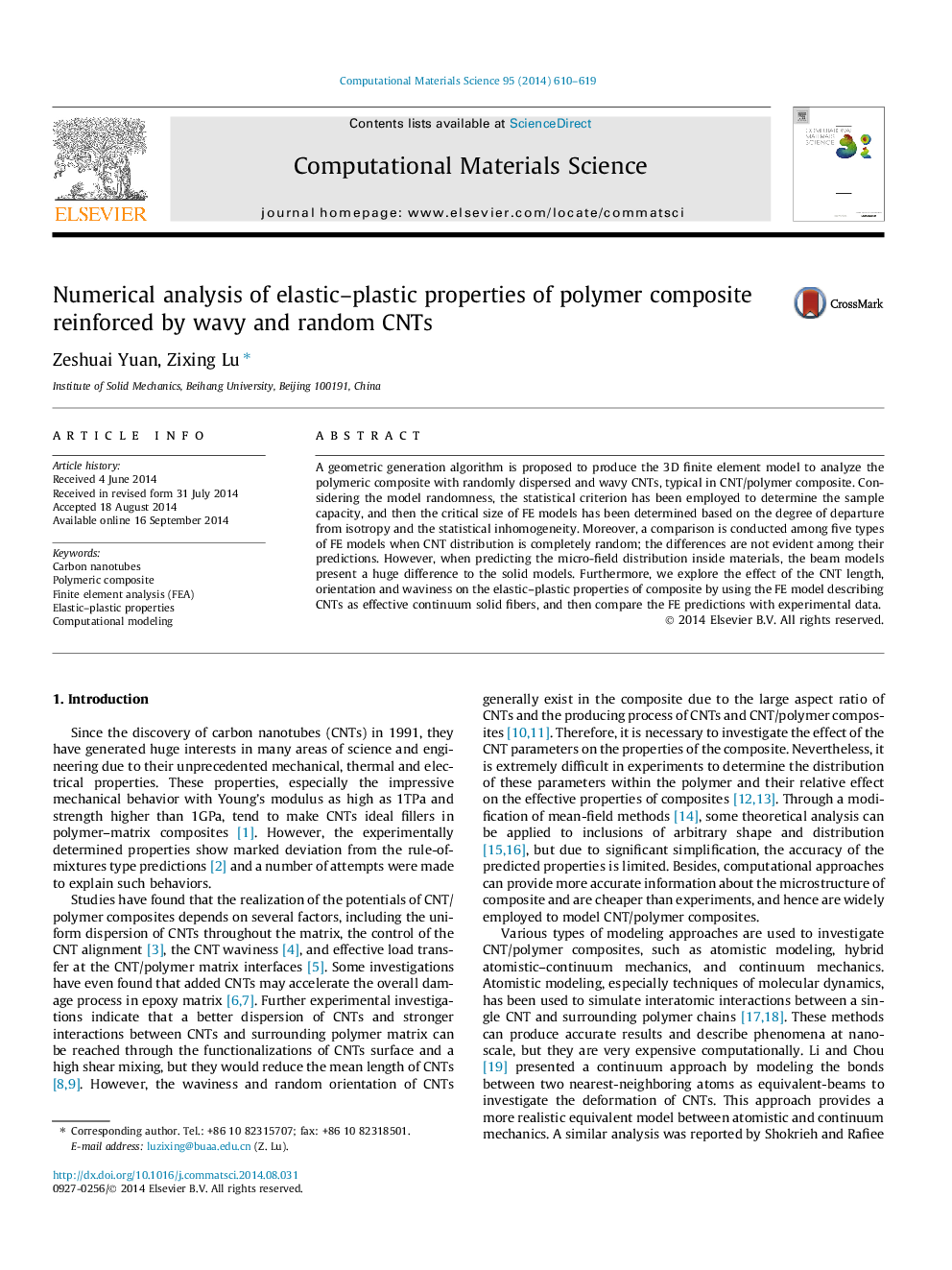 Numerical analysis of elastic-plastic properties of polymer composite reinforced by wavy and random CNTs